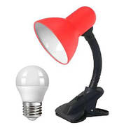 Настольная лампа под лампочку Е27, красный (прищепка) + лампочка шарик Е27 8W 4100K