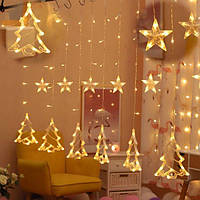 Світлодіодна гірлянда штора Ялинки та зірочки 2,5 м 138 LED, новорічна гірлянда Теплий білий