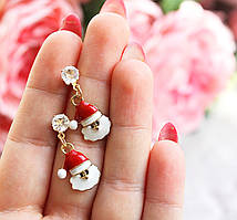 Новорічні жіночі сережки-цвяшки з Санта Клаусом і камінцем