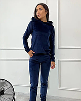 Жіночий велюровий костюм однотонний спортивний брючний прогулянковий з капюшоном розмір L XL 48-50  темно-синій
