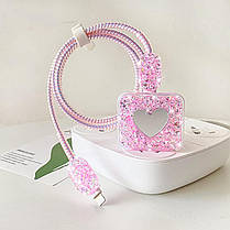 Чохол кейс для блока ЗП iPhone iPad 18/20W + захист кабелю Блискітки Heart Pink (5 в 1), фото 4