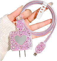 Чохол кейс для блока ЗП iPhone iPad 18/20W + захист кабелю Блискітки Heart Pink (5 в 1), фото 3