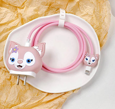 Захисний чохол кейс для блока ЗП iPhone iPad 18/20W + захист кабелю Котик Pink, фото 1