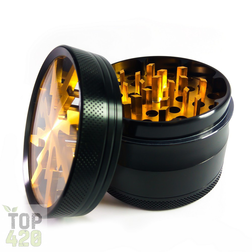 Гриндер металлический большой 63 мм черно золотой с прозрачной крышкой ...