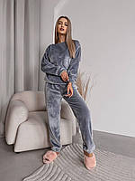 Теплая зимняя женская модная пижама из махры кофта и штаны пижама на подарок домашний махровый комплект Турция Серый, 42/44