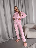 Теплая зимняя женская модная пижама из махры кофта и штаны пижама на подарок домашний махровый комплект Турция Розовый, 42/44
