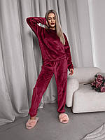 Теплая зимняя женская модная пижама из махры кофта и штаны пижама на подарок домашний махровый комплект Турция Марсала, 48/50