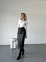 Женская стильная красивая длинная кожаная юбка с вырезом (беж, черный) Черный, 42/44