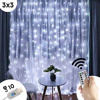 Светодиодная Гирлянда Штора 3*3м USB + Крючки 300LED c пультом Белая \ Xmas Гирлянда занавес с USB 3*3м.