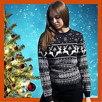Жіночий Новорічний светр з оленями / Парні светри з оленями / Новорічні светри з оленями чорного кольору