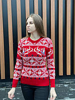 Жіночий Новорічний светр з оленями / Парні светри з оленями / Новорічні светри з оленями червоного кольору