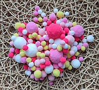 Набір 190-200 шт Помпони для творчості, мікс яскравий рожевий-жовтий-білий, 1-3 см, пухнасті помпончики