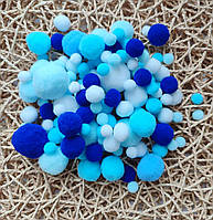 Набор 130-140 шт Помпоны для творчества, микс синий-белый-голубой, 1-3 см, пушистые помпончики