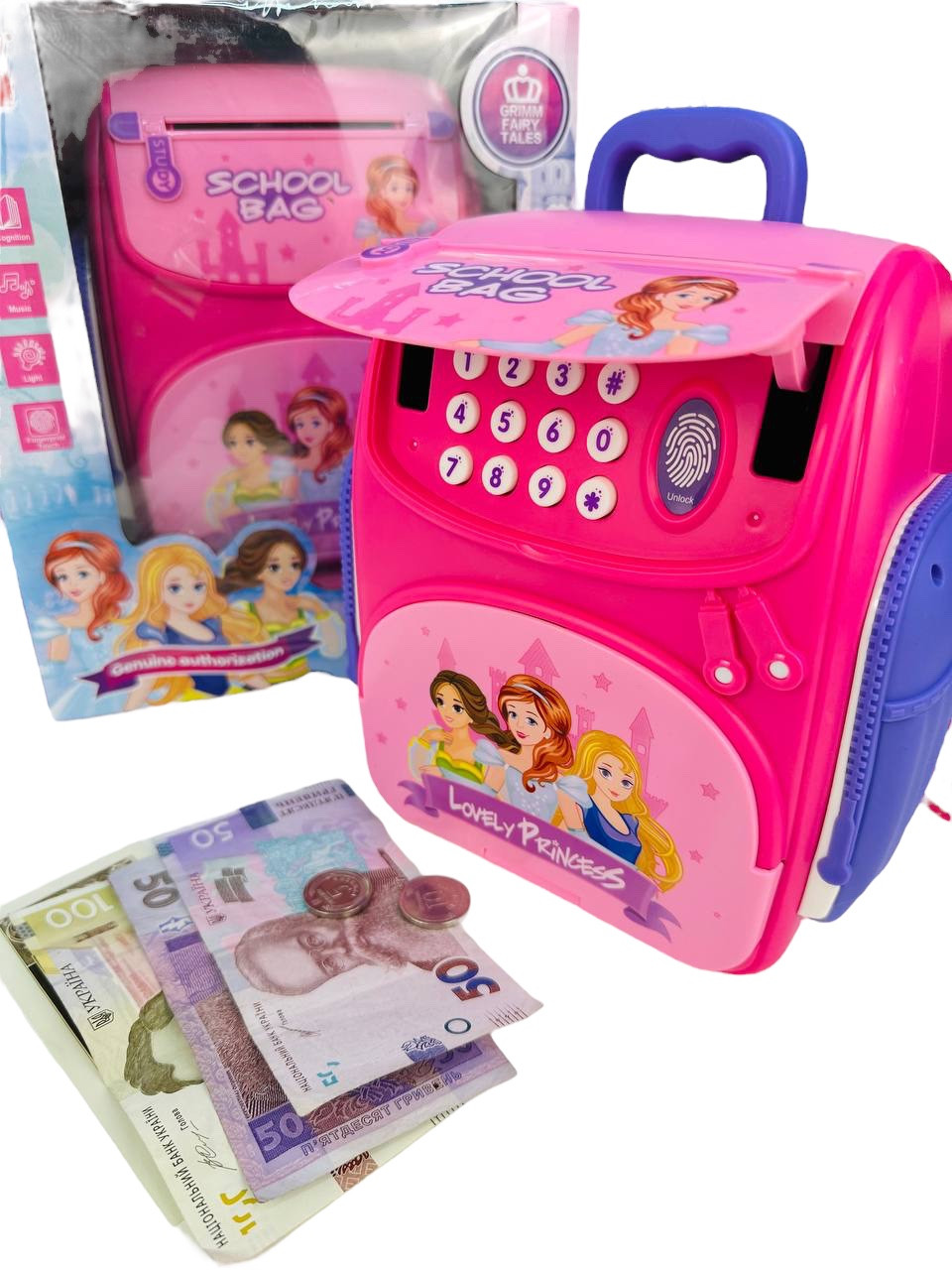 Детская сейф копилка электронный Рюкзачок с отпечаткам пальца кодовым замком Lovely Princess, звуки, розовая - фото 1 - id-p2036728735