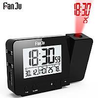 Цифровий годинник FanJu FJ3531 з проєкцією, термометром, гігрометром і портом USB для заряджання ваших пристроїв. Чер