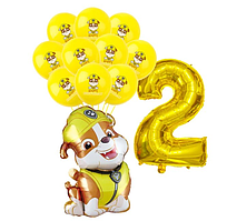 Кулі повітряні Щенячий патруль з фольгованою фігурою Здоровань і цифрою золото 2, набір 12 шт