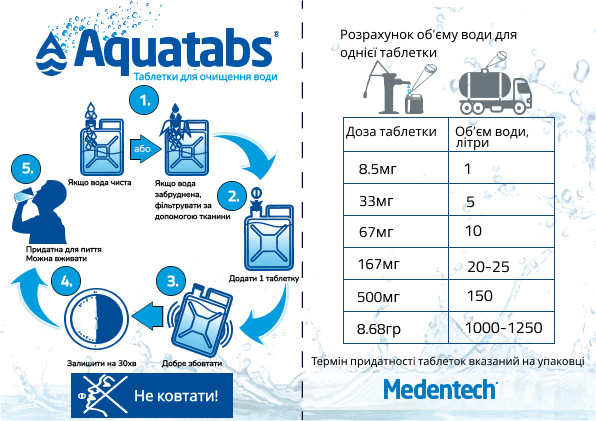 Таблетки для дезинфекции воды Aquatabs Акватабс (10 таблеток по 8,5 мг) - фото 2 - id-p2036729295