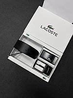 Ремень мужской кожаный с двумя пряжками Lacoste брендовый универсальный пояс в подарочной упаковке