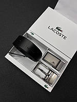 Мужской кожаный ремень с двумя пряжками Lacoste брендовый универсальный пояс в подарочной упаковке