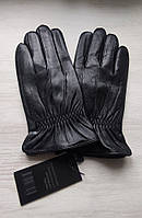 Чоловічі шкіряні рукавички "Lines" підкладка махра чорні