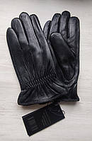 Мужские кожаные перчатки "Lines" подкладка махра черные хорошее качество