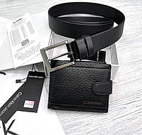 Ремень мужской кожаный универсальный черный Calvin Klein и кошелек в подарочной упаковке