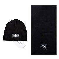 Комплект теплої чоловічої жіночої шапки + шарф чорний в'язаний зимовий Кельвін Кляйн Набір Люкс якість