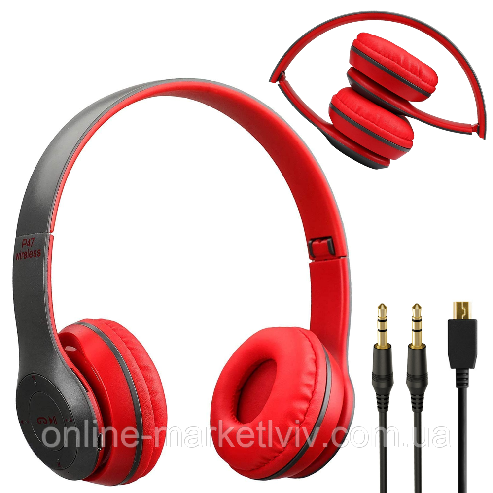Бездротові навушники з Bluetooth, MP3, мікрофоном та радіо, P47, Червоні / Гарнітура з AUX кабелем