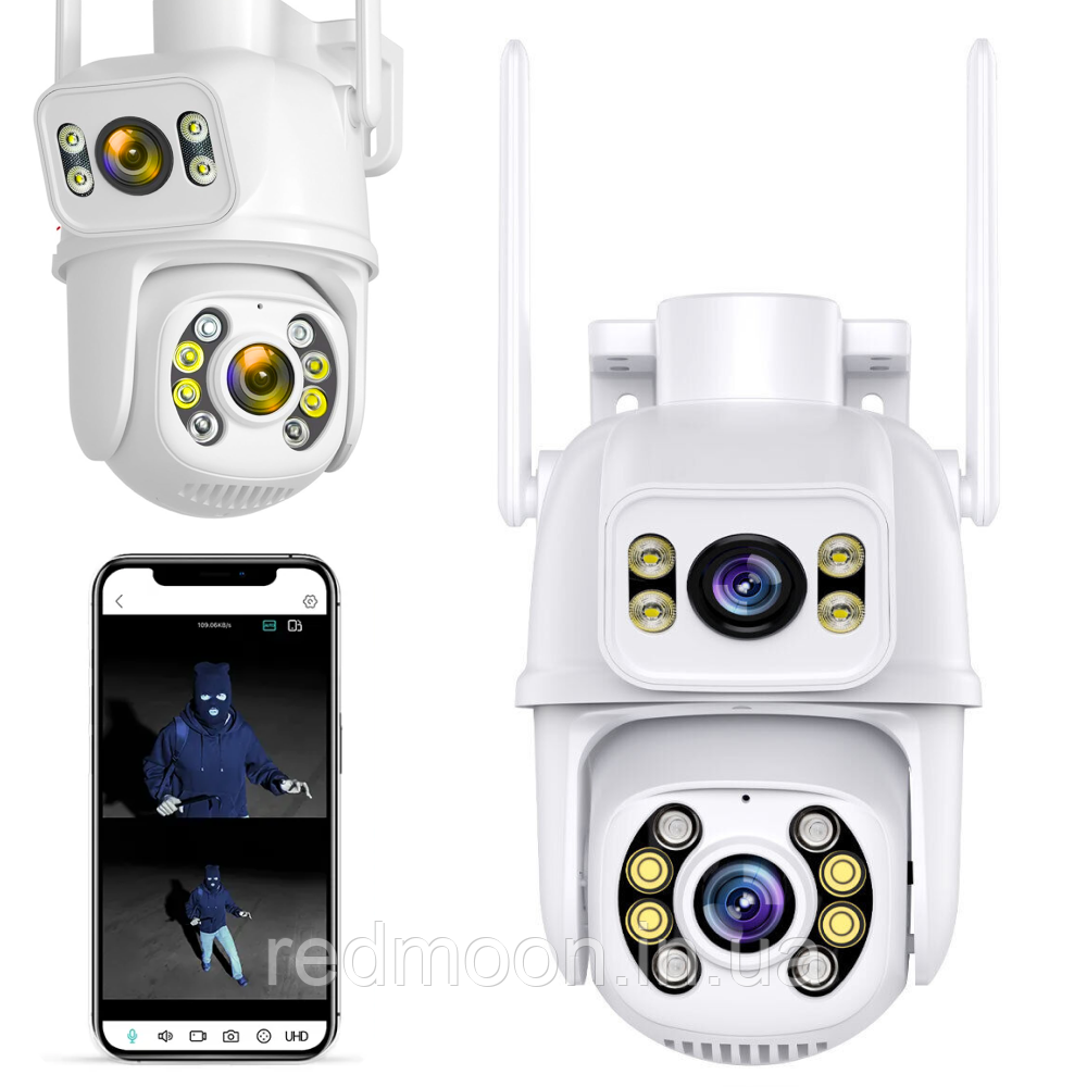 Wifi камера відеоспостереження 8Мп, 2 об'єктиви, Dual IP Camera / Вулична камера з датчиком руху