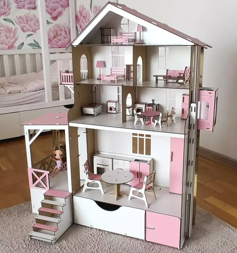 Будиночок для ляльок Барбі та ЛОЛ з меблями та ліфтом, Дерев'яний ігровий ляльковий будинок, Будиночок для ляльок для LOL