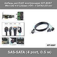 Кабель для RAID контроллера SFF-8087 Mini SAS 4.0 12Gbps (36P) - 4 SATA3 (50 см)
