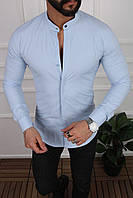 Стильная мужска рубашка однотонная оверсайз из хлопка (Размеры S,M,L,ХL,ХХL), Голубая