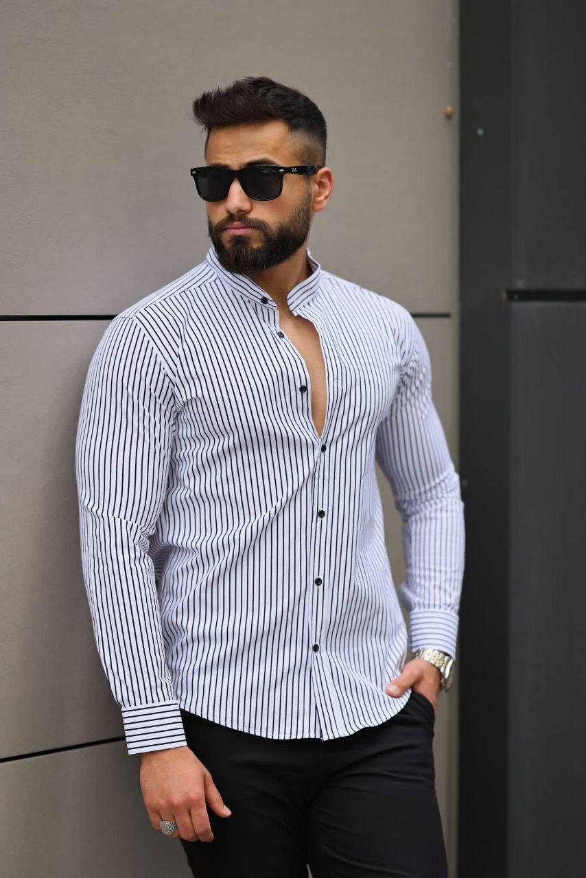 Стильна чоловіча сорочка класична в смужку із бавовни (Розміри S,M,L,ХL,ХХL), Біла