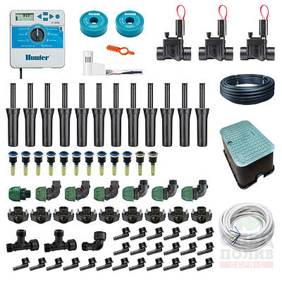 Автополив газону, комплект для ділянки 5 соток, 28х18 м, витрата води 1,75 м.куб/год, тиск 3,5 бар, 3 зони