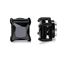 Чорні сережки кліпси на магніті з квадратним каменем