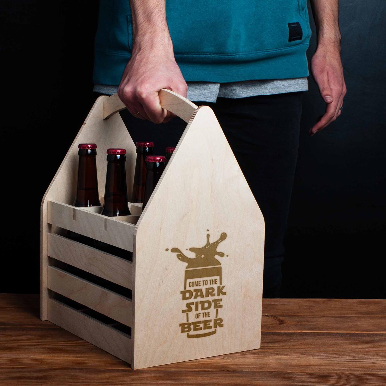 Ящик для пива "Come to the dark side of the beer" для 6 пляшок, Світле дерево, англійська, фото 1