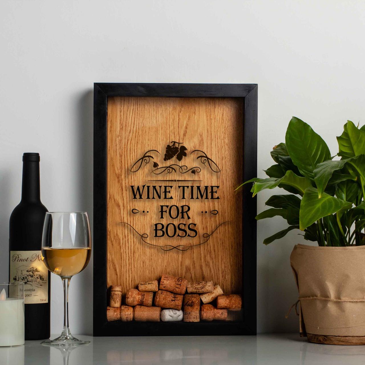 Копілка для винних корків "Wine time for boss", Чорний-коричневий, англійська