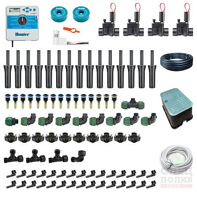 Автополив газону, комплект для ділянки 6 соток, 33х18 м, витрата води 1,75 м.куб/год, тиск 3,5 бар, 4 зони
