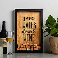 Рамка копілка "Save water drink wine" для корків, Чорний-коричневий, англійська