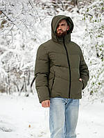 Мужская зимняя дутая теплая куртка до -30 с капюшоном на замке , рукава с манжетом на любой рост Хаки, ХЛ