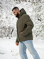 Мужская зимняя дутая теплая куртка до -30 с капюшоном на замке , рукава с манжетом на любой рост Хаки, 2ХЛ