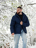 Мужская зимняя дутая теплая куртка до -30 с капюшоном на замке , рукава с манжетом на любой рост синий, M