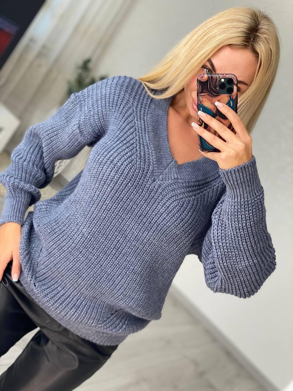 Светр теплий жіночий в'язаний з v-подібним вирізом ДЖІНС 42-48