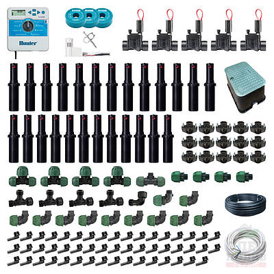 Автополив газону, комплект для ділянки 15 соток, 39х39 м, витрата води 1,23 м.куб/год, тиск 3,5 бар, 5 зон