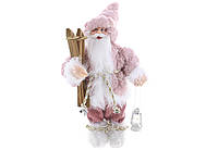 Новорічна фігура Санта з лижами та ліхтариком, 30см, колір - рожевий