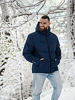 Мужская зимняя дутая теплая куртка до -30 с капюшоном на замке , рукава с манжетом на любой рост синий, 3ХЛ
