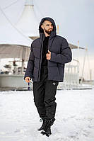 Мужская зимняя дутая теплая куртка до -30 с капюшоном на замке , рукава с манжетом на любой рост серый, Л