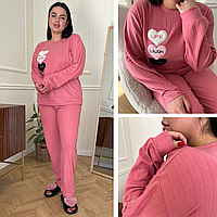 Женская Пижама Больших Размеров для Полных Домашний Костюм Микрофлис 3 Сердечка Розовая