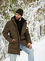 Мужская зимняя дутая удлиненная теплая куртка до -30 с капюшоном на замке , рукава с манжетом на любой рост коричневый, ХЛ