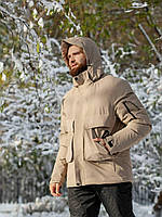 Мужская зимняя теплая куртка парка с накладными карманами до -30 с капюшоном на замке , рукава с манжетом Бежевый, M